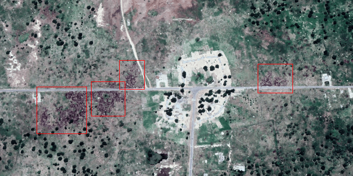 Satellite imagery of a destroyed village in Borno State, northern Nigeria