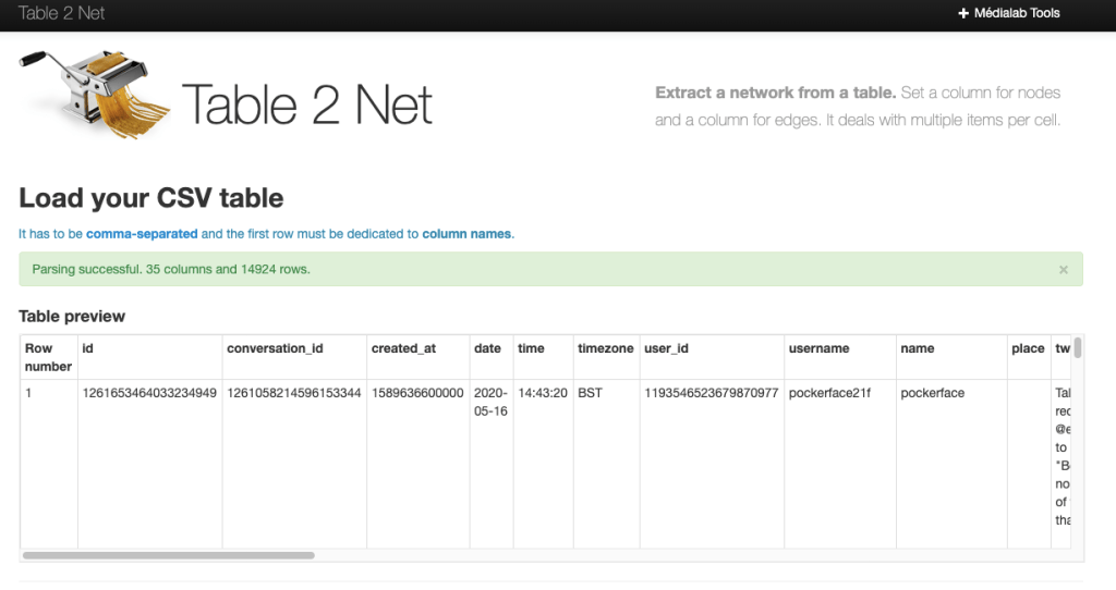 Network diagram showing Uploading the CSV, then setting nodes and links