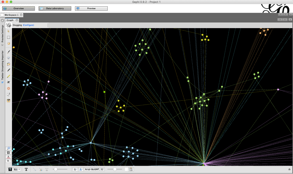 Image showing Colouring by modularity class, and zoomed in