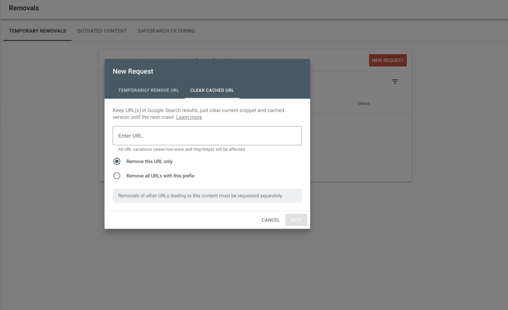 Screenshot showing The removals tool in Search Console