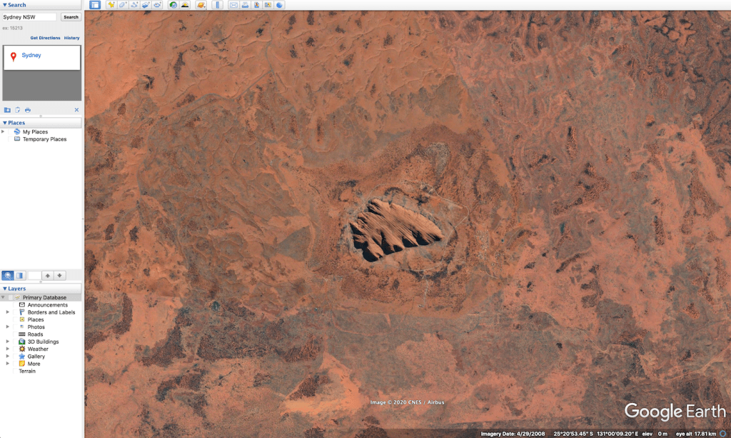 Map showing Uluru without and with Google Earth’s built-in data