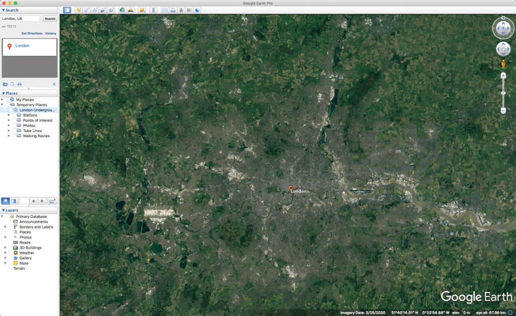 Image showing London without and with the Tubewalk KML