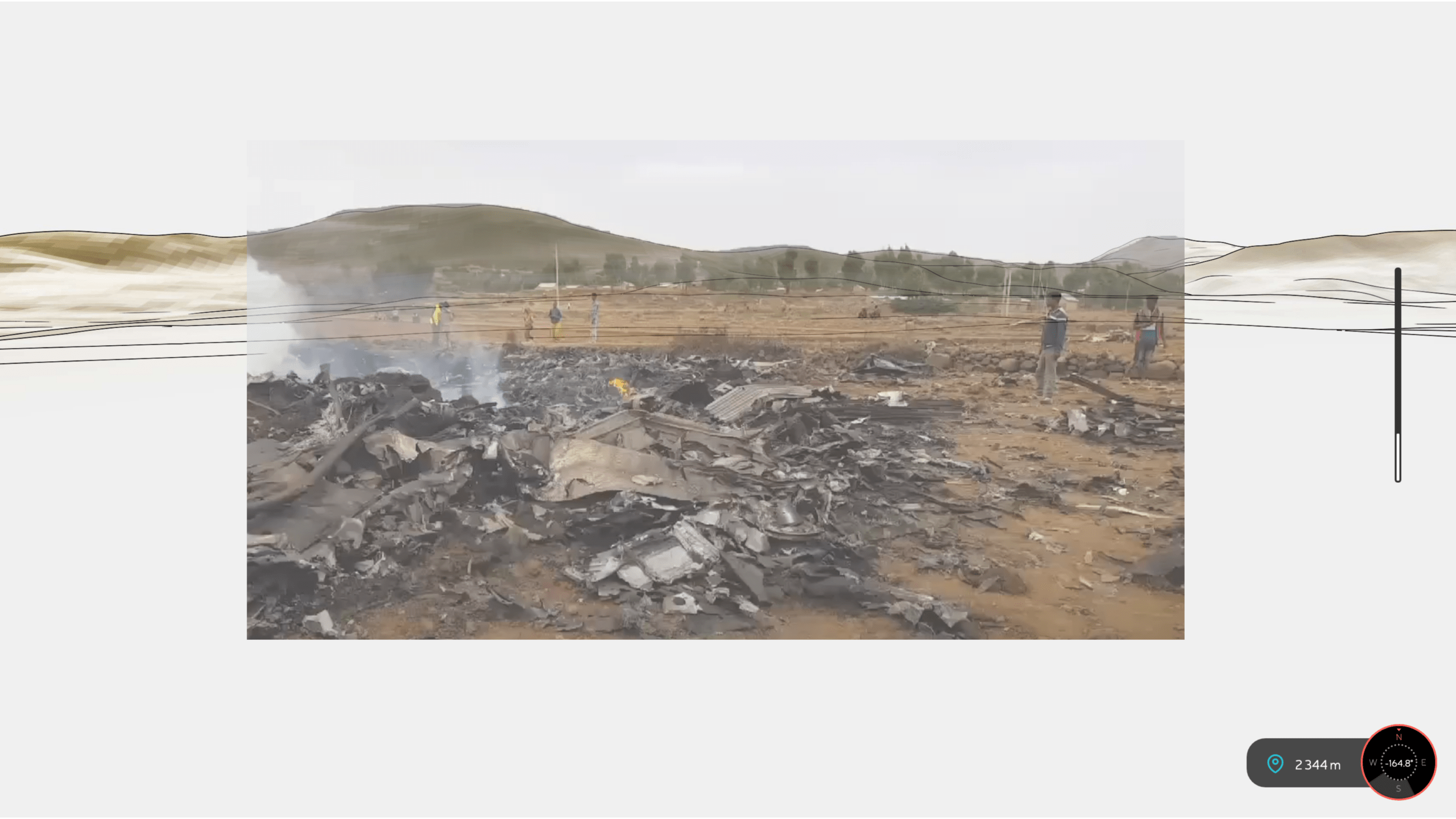 Footage of a crash site layered over a PeakVisor mountain profile