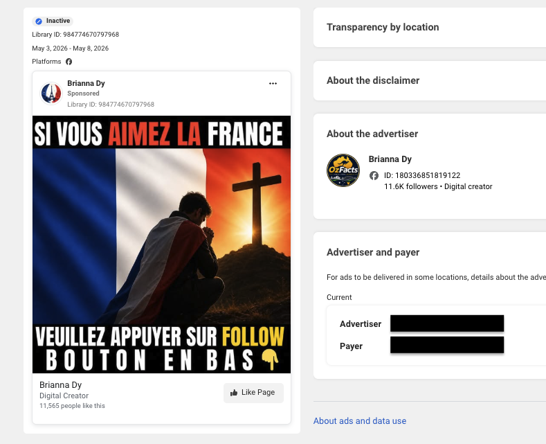 Screenshot showing Advertiser and payer labels disclosed in the Ad Library (2 of 3)