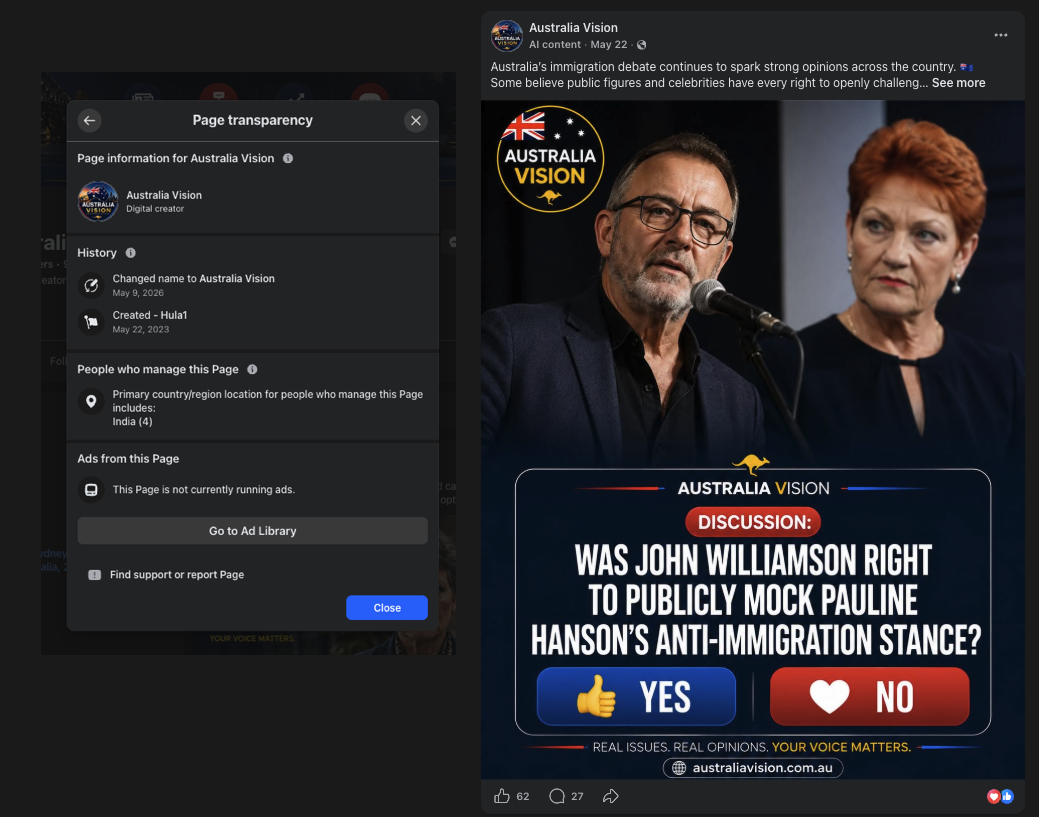 Screenshot showing Page transparency of pages making comments in Australia Life (2 of 2)