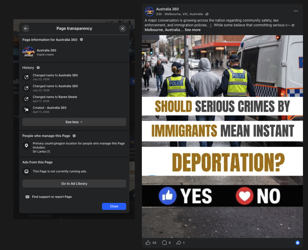 Screenshot showing Page transparency of pages making comments in Australia Life (1 of 2)