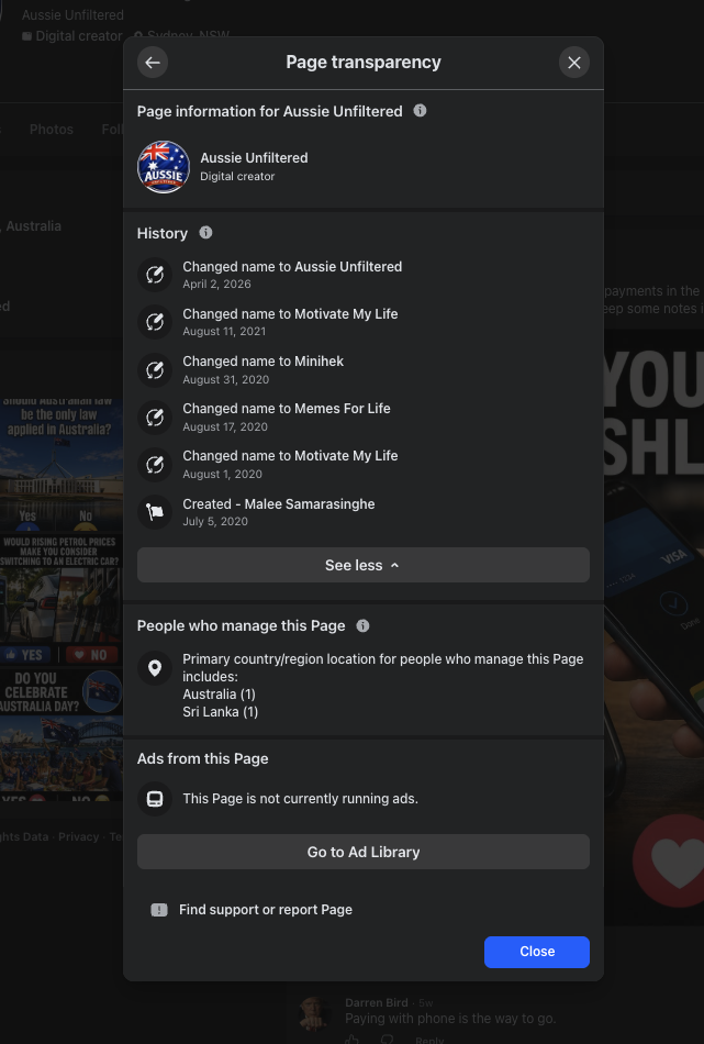 Screenshot showing Page ownership details (2 of 2)