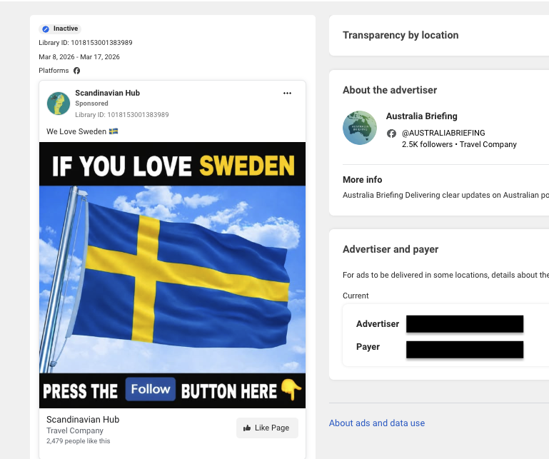 Screenshot showing Advertiser and payer labels disclosed in the Ad Library (1 of 3)