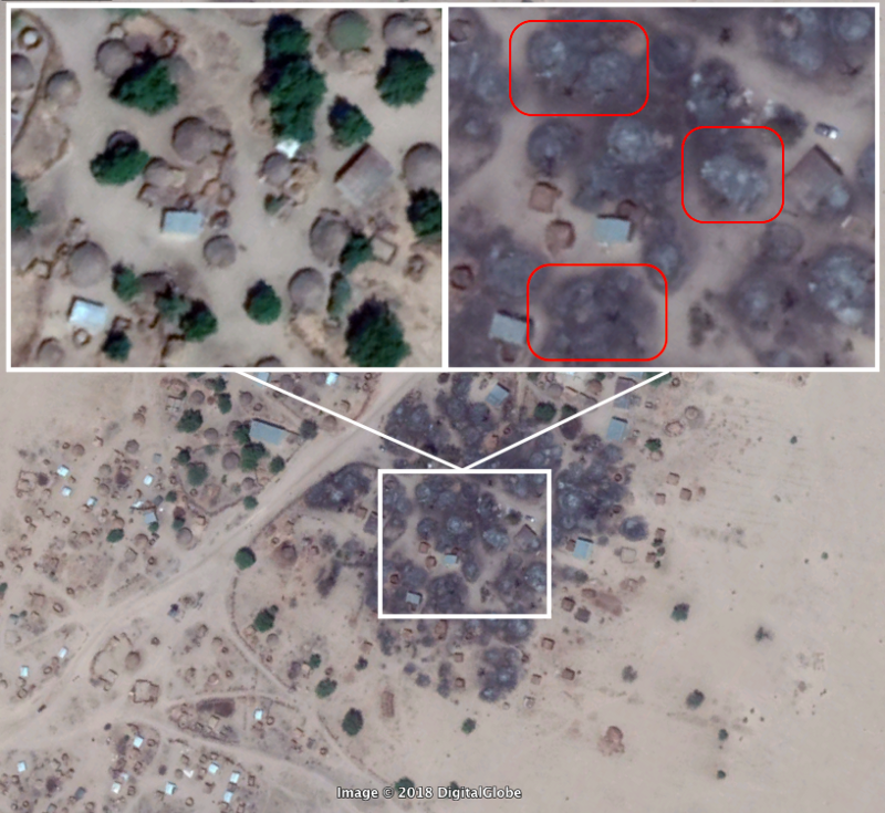 Satellite imagery comparison of burned villages