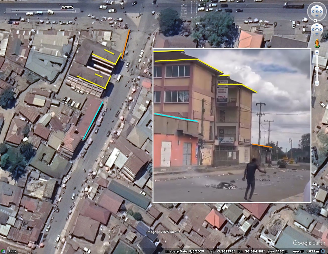 Geolocation of footage from Tanzania matched against satellite imagery